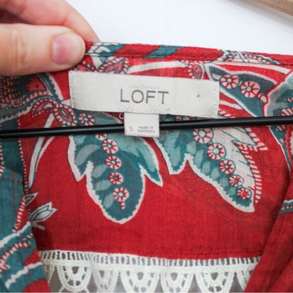 Loft Floral Long Sleeve Blouse with Lace Accents - Small, Red and Teal - Picture 7 of 8